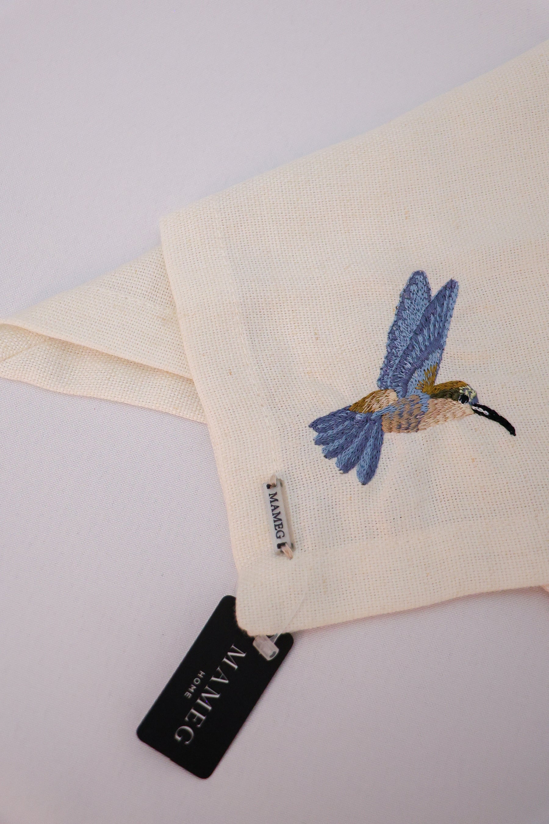 Guardanapo Linhão Off White Bordado Beija Flor Azul Mameg