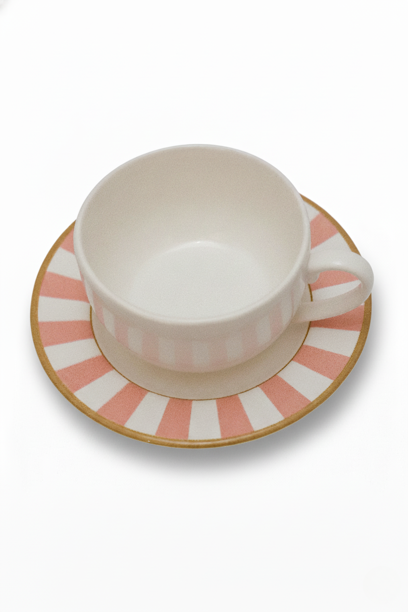 Jogo 6 Xícaras de Chá c/ Pires Strip Rosa Plus, Alleanza