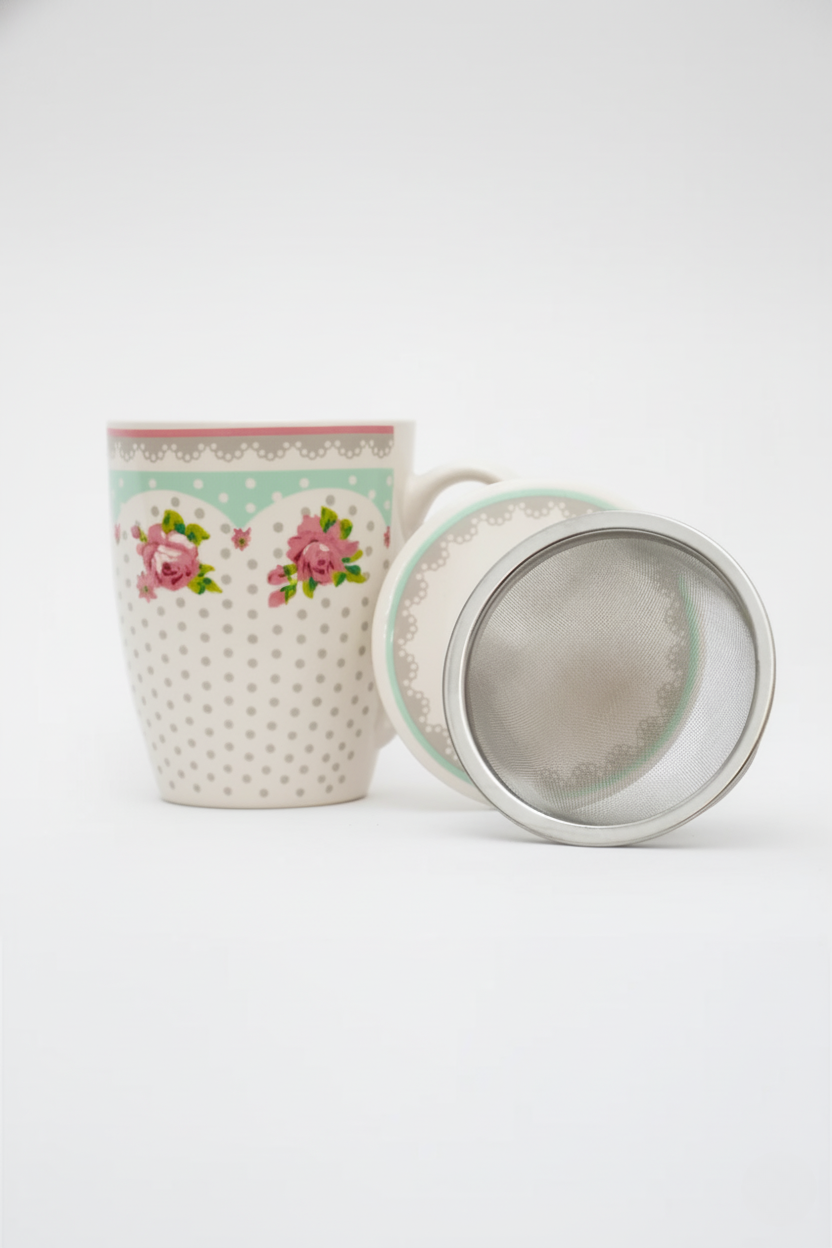 Caneca de Porcelana c/ Tampa e Filtro p/ Chá, Lyor