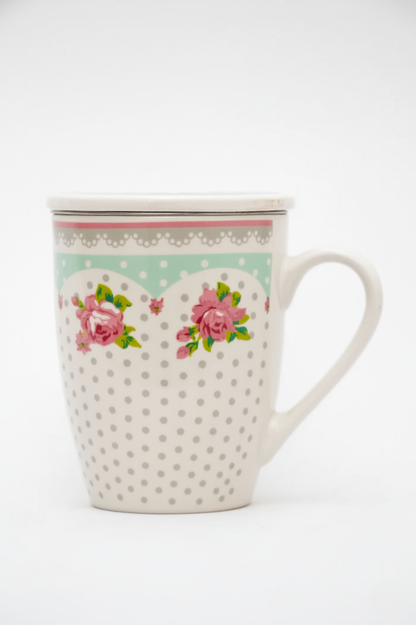 Caneca de Porcelana c/ Tampa e Filtro p/ Chá, Lyor