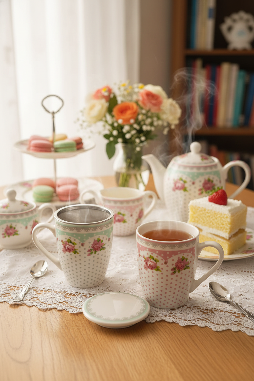 Caneca de Porcelana c/ Tampa e Filtro p/ Chá, Lyor