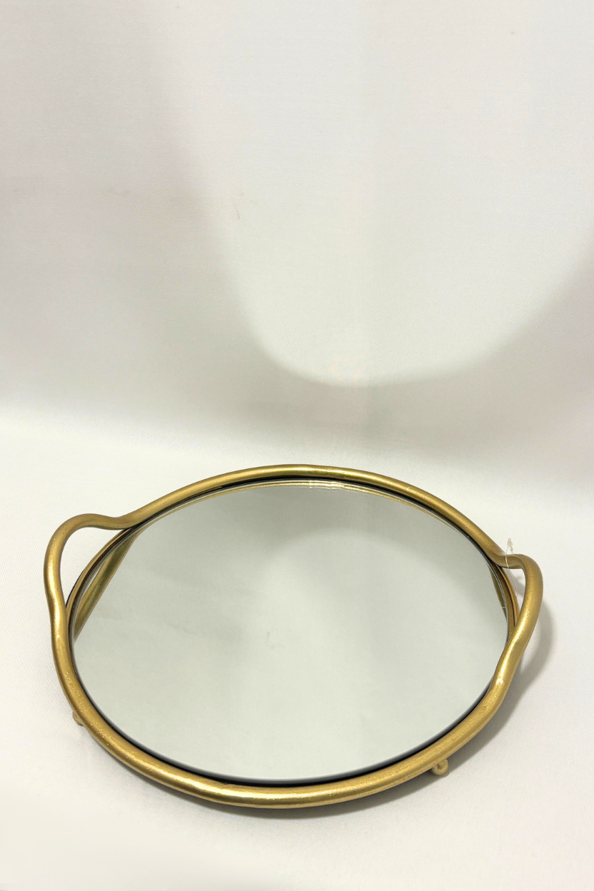 Bandeja Redonda M em Metal Dourado e Espelho