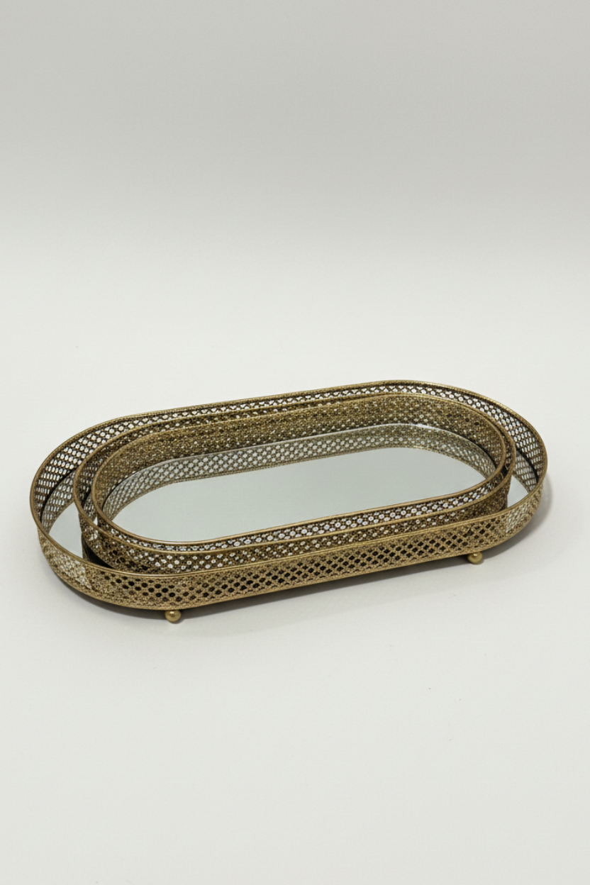 Conjunto com 3 Bandejas em Metal Dourado com Espelho Mart