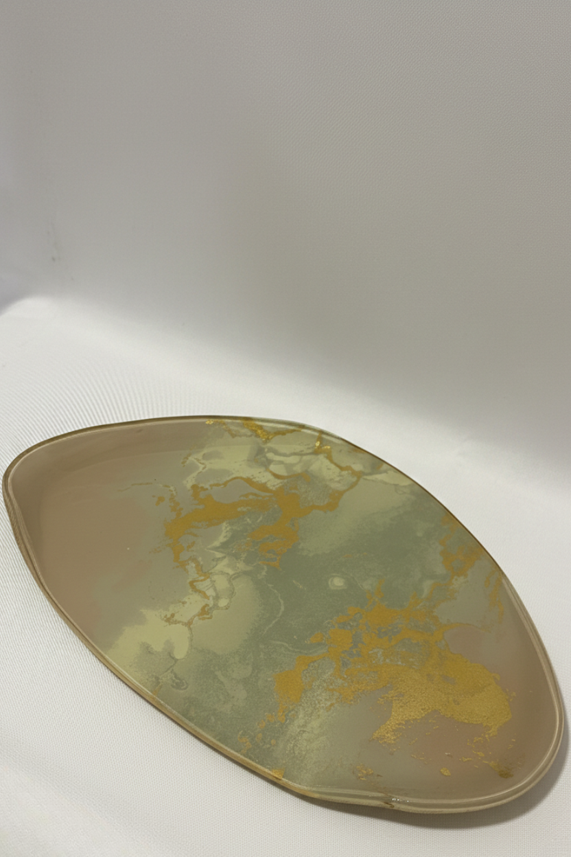 Bandeja Pedra Orgânica G com Alça Rosa/Cinza e Dourado