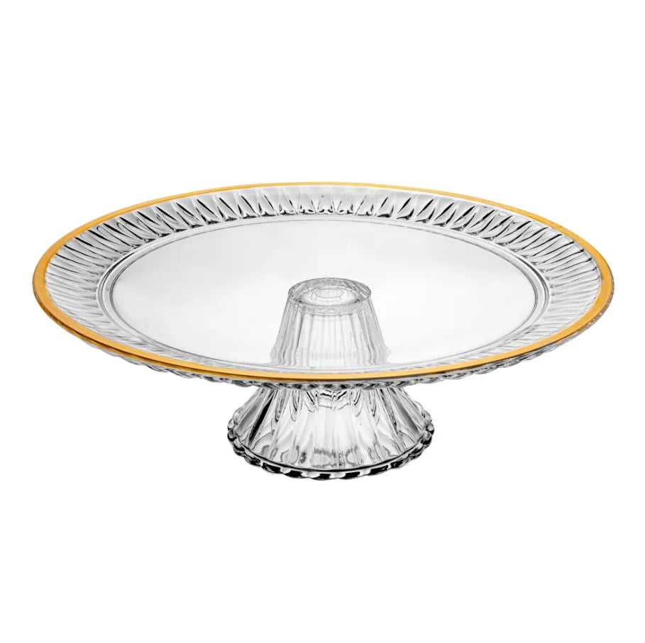 Prato para Bolo em Cristal com Pé e Fio de Ouro Radial Lyor