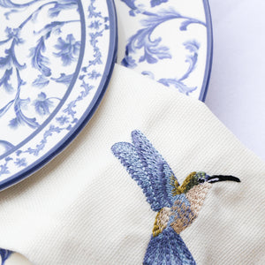 Guardanapo Linhão Off White Bordado Beija Flor Azul, Mameg