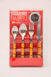 Faqueiro 24 peças Aço Inox com cabo de plástico bambu Lyor