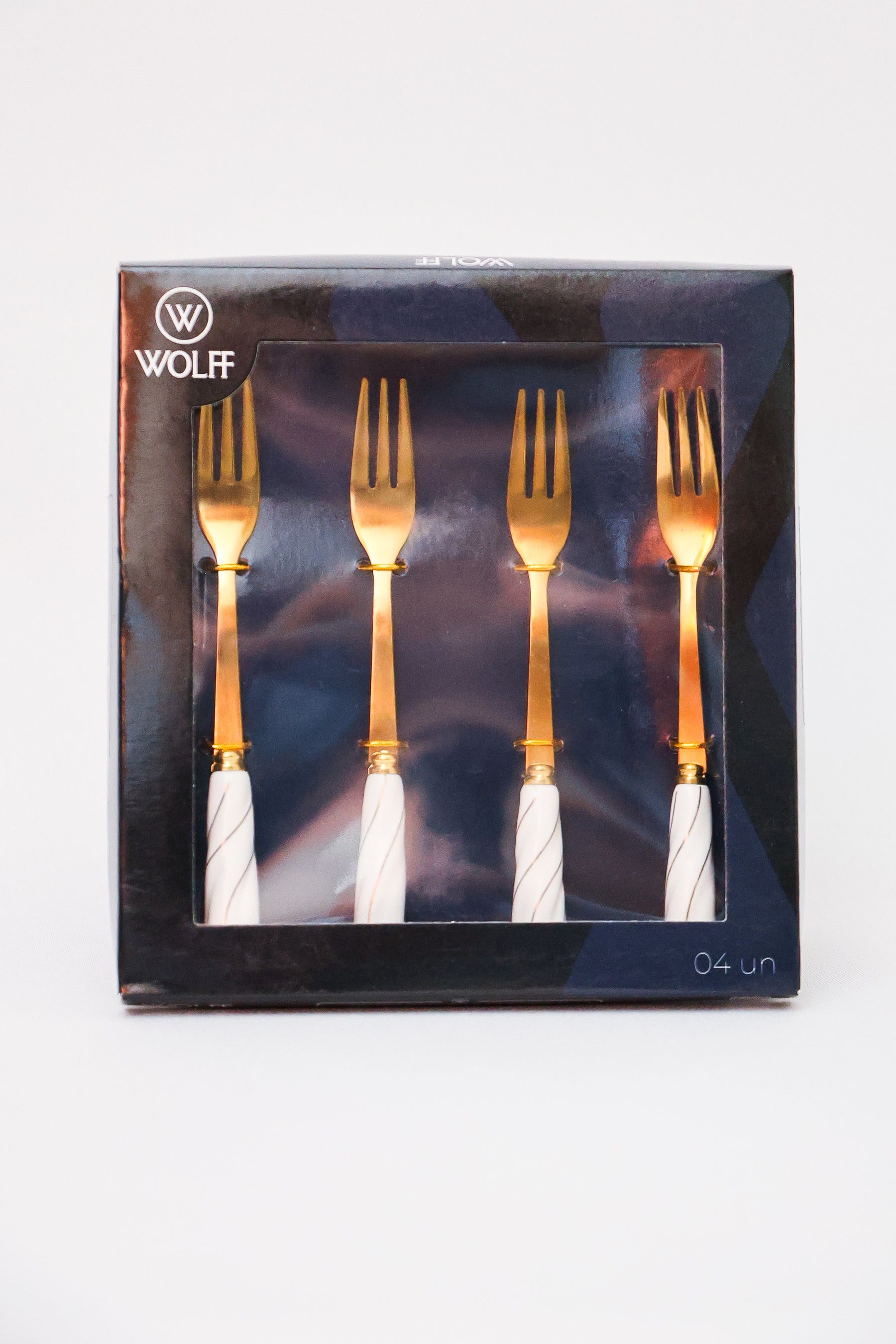 Garfos para Aperitivo Aço Inox Dourado com cabo Cerâmica Branca Wolff