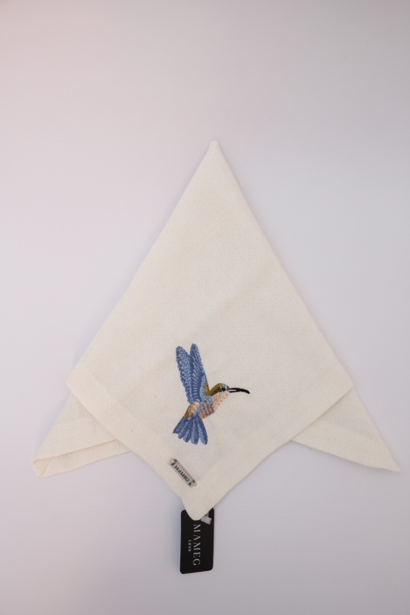 Guardanapo Linhão Off White Bordado Beija Flor Azul, Mameg