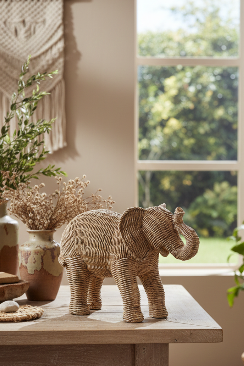 Escultura em Polirresina e Rattan Elefante Mart