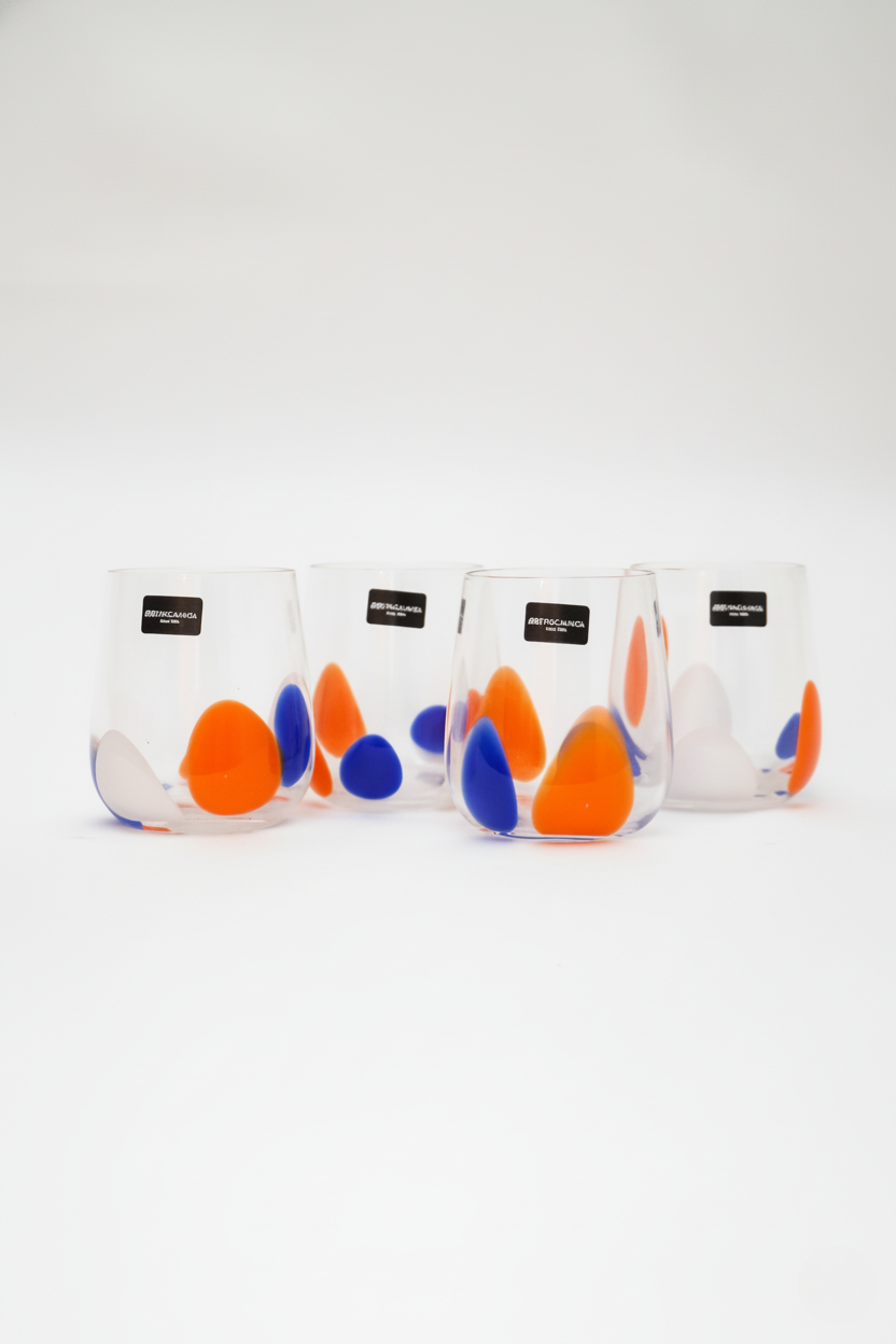 Jogo 4 Copos de Vidro Pétalas 480ml - Branco, Azul e Laranja, Fracalanza