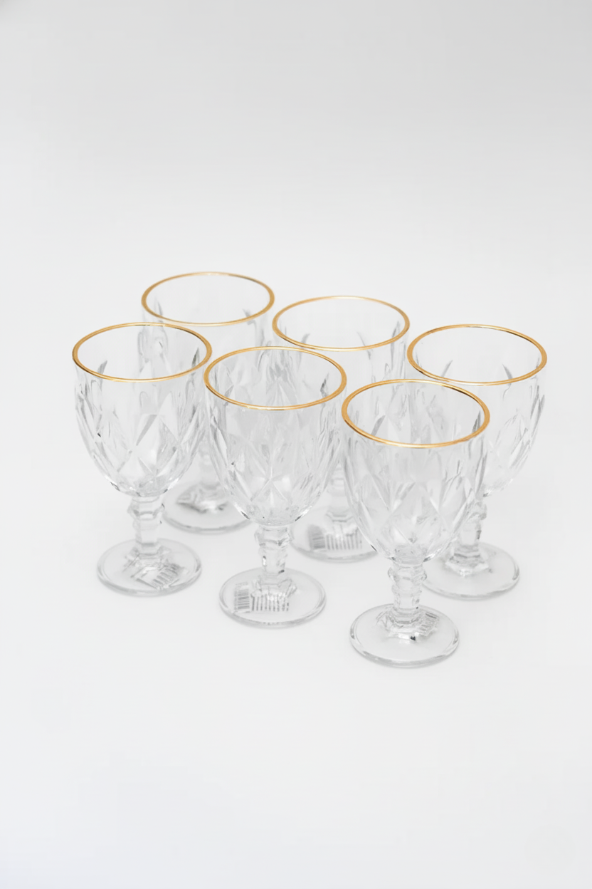 Jogo 6 Taças de Vidro p/ água Diamond com fio de Ouro 360ml, Lyor