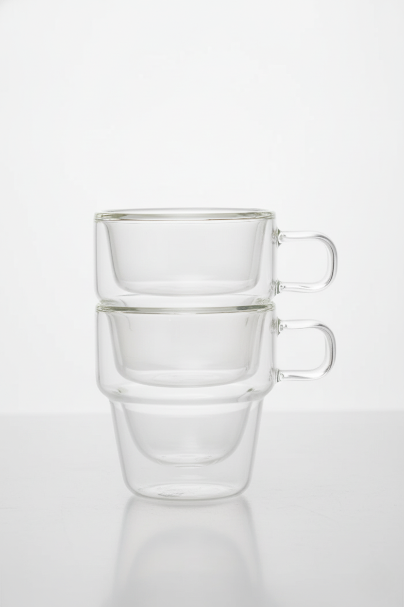 Jogo 2 Xícaras de Café Empilháveis Parede Dupla Vidro Borosilicato 90ml, Wolff