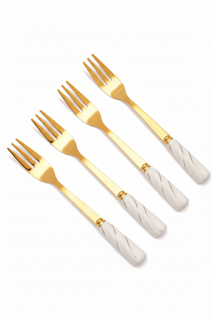 Conjuto 4 Garfos para Aperitivo Aço Inox Dourado com cabo Cerâmica Branca, Wolff