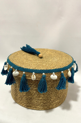 Caixa Redonda Organizadora em Palha Straw com Tassels e Búzios