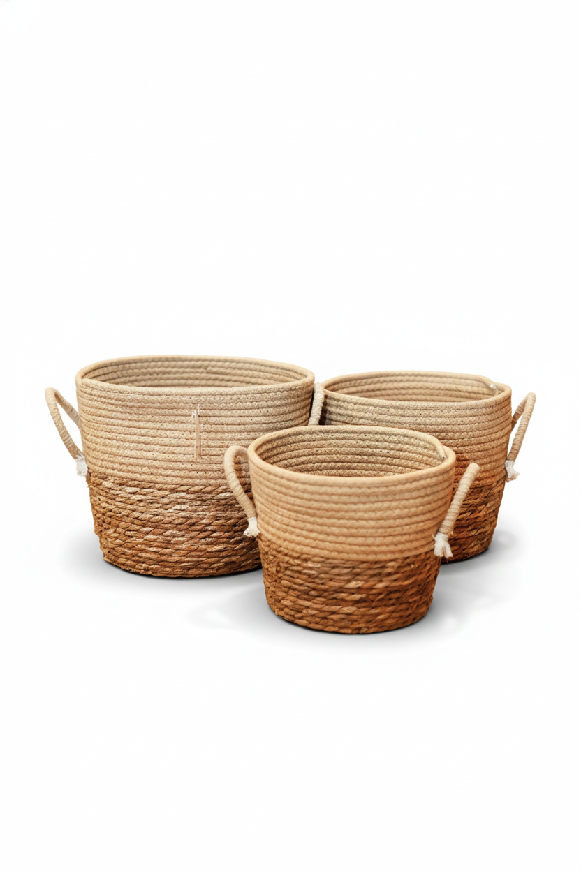 Conjunto de 3 Cestos em Fibra Natural e Algodão Bege