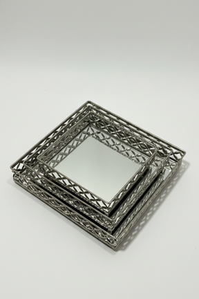 Conjunto com 3 Bandejas em Metal Prata com Espelho Mart