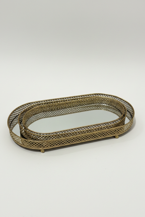 Conjunto com 3 Bandejas em Metal Dourado com Espelho Mart