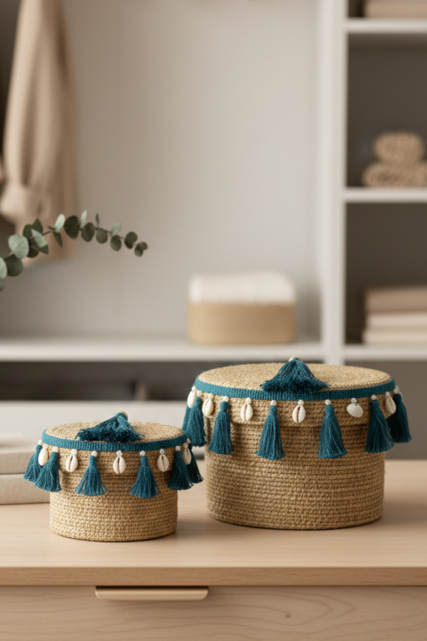 Caixa Redonda Organizadora em Palha Straw com Tassels e Búzios