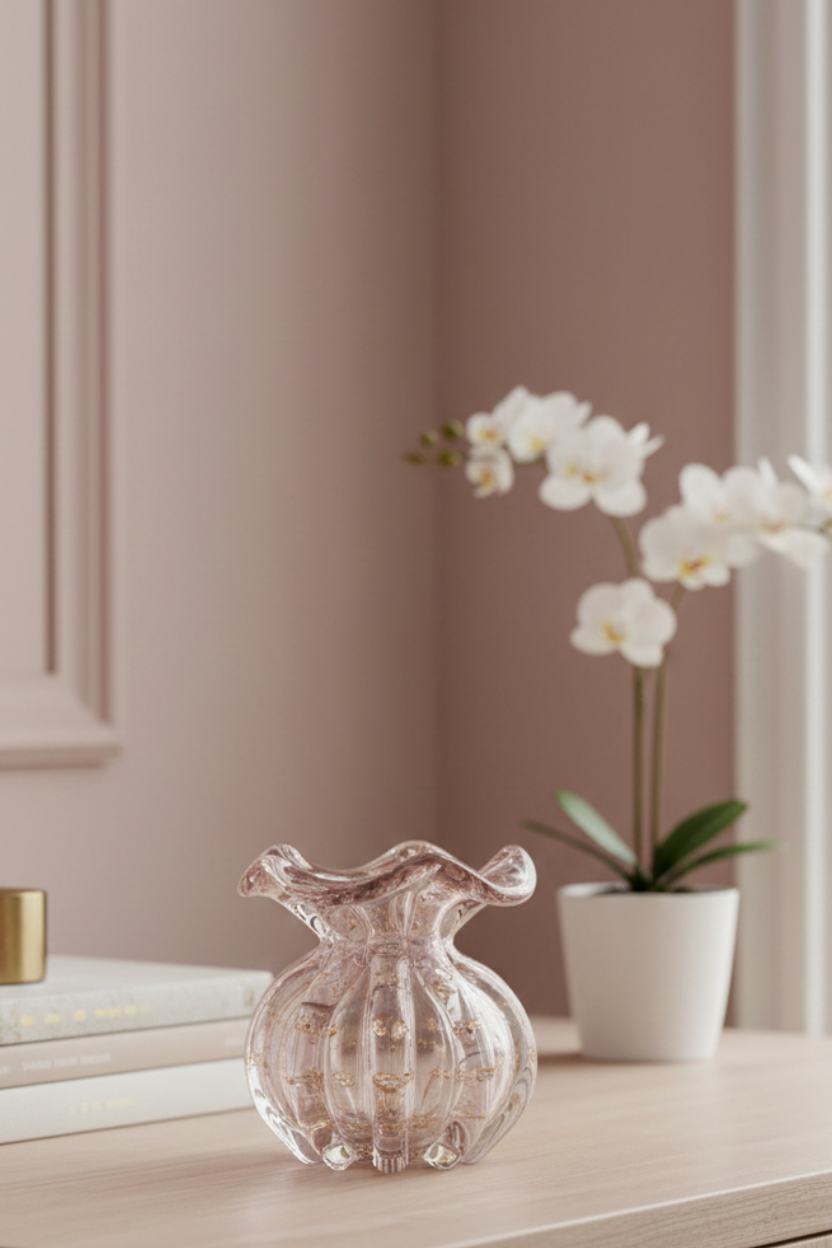 Vaso Murano em Vidro Italy Rosa Claro e Dourado Wolff