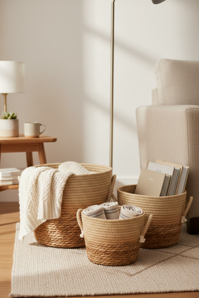 Conjunto de 3 Cestos em Fibra Natural e Algodão Bege