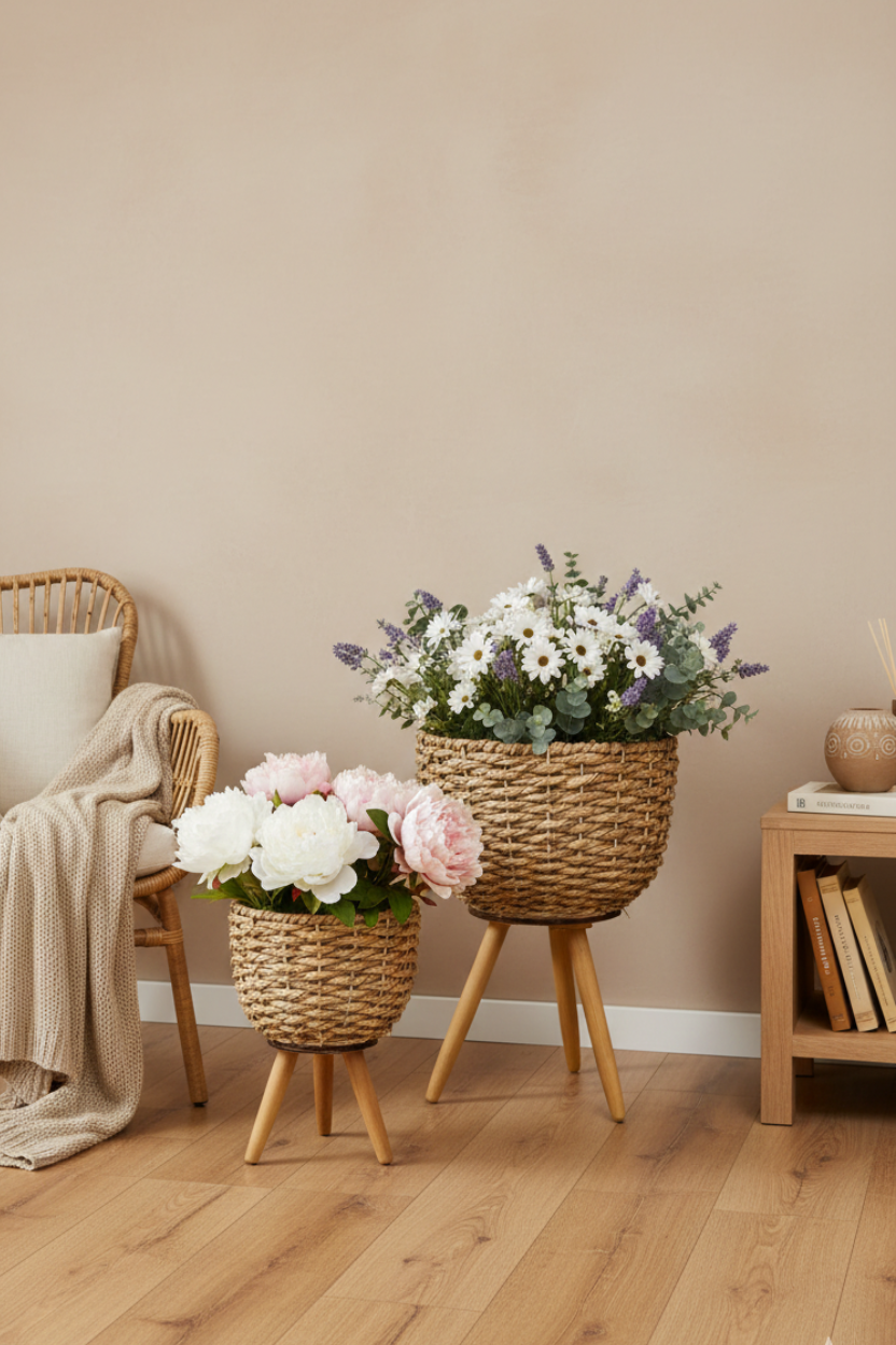 Conjunto de 2 Cestos Cachepots em Palha com Pé